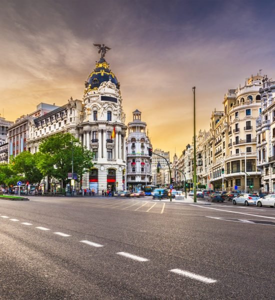 Madrid, Spain cityscape at Calle de Alcala and Gran Via.