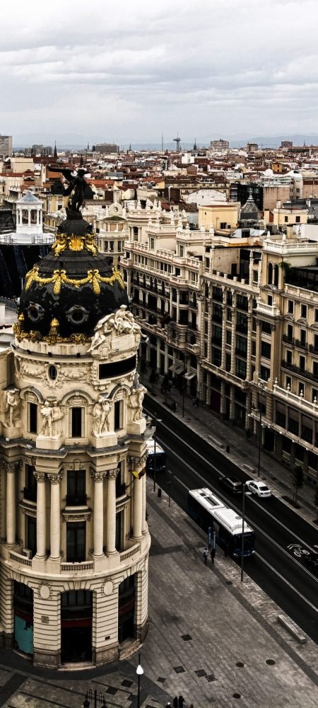 Panoramic aerial view of Gran Via, main shopping street in Madrid, capital of Spain, Europe